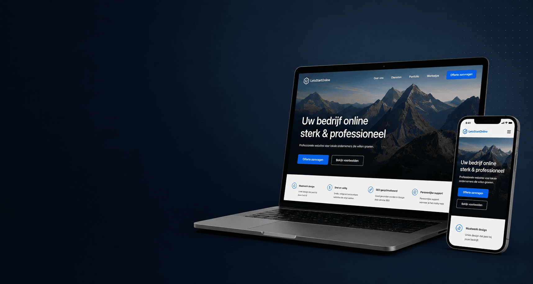 LetsStartOnline website op MacBook en iPhone